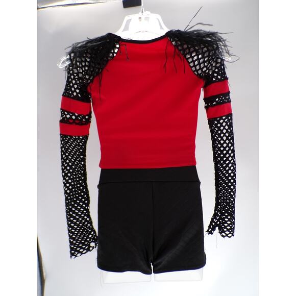 Dance Kelle Medium Child Red Black Long Fishnet Sleeve Two Piece Jazz Character - Picture 5 of 5
